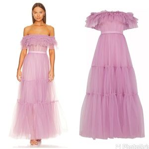 NEW BCBGMaxazria Off Shoulder Corset Tulle Tiered Gown Lavender Herb Size 12
